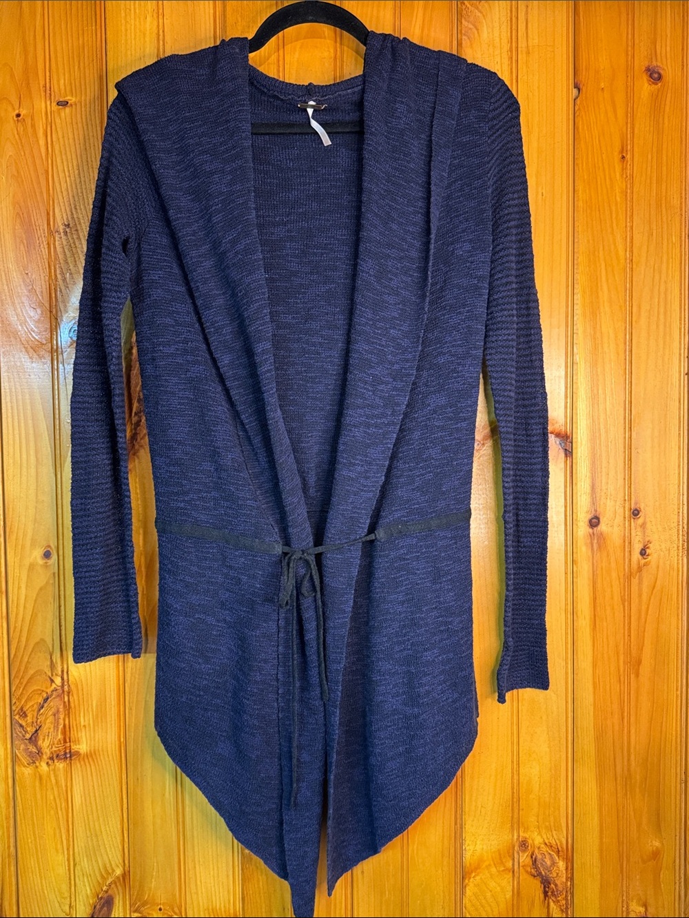 Free People Heathered Navy Open-Front Hooded Cardigan with Tie Belt